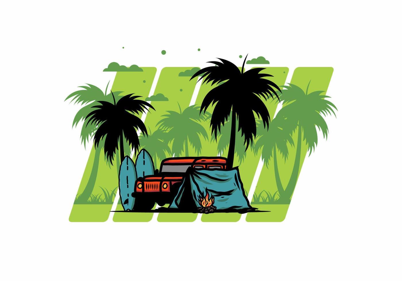 Camping on the beach with off road car vector