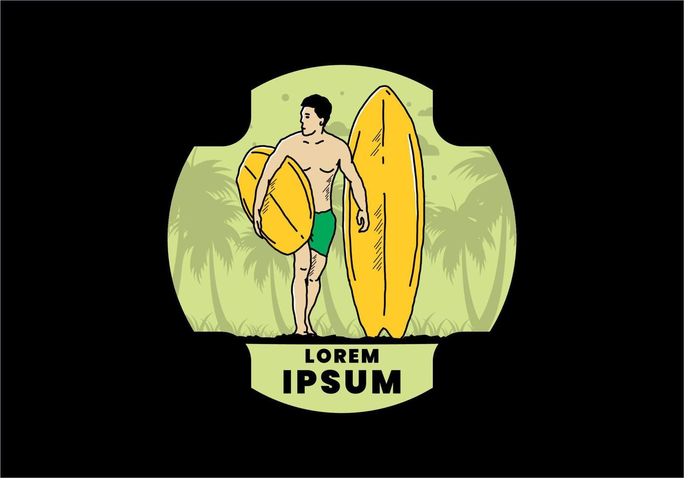 The shirtless man holding surfboard illustration vector