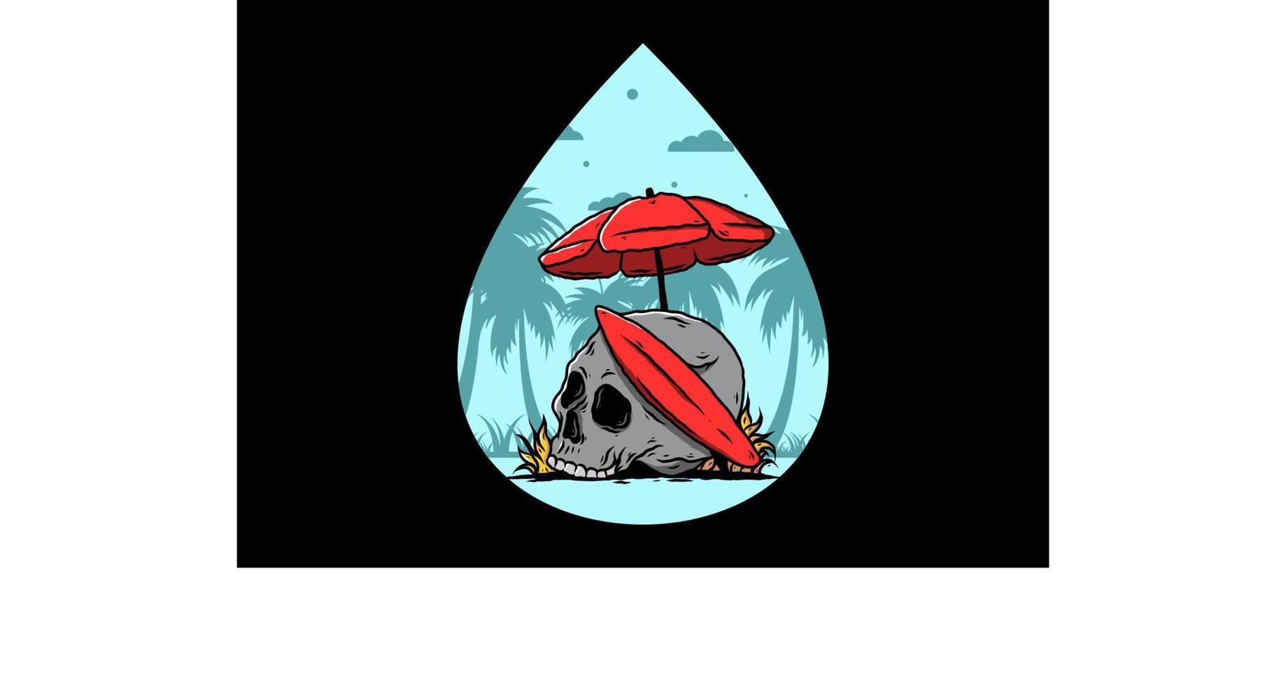 illustration of skull with surfing board under beach umbrella vector
