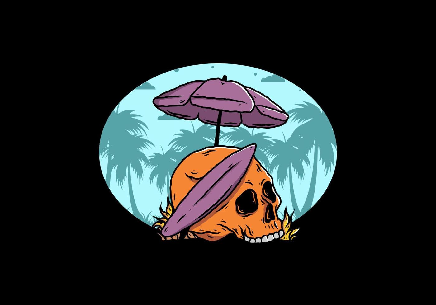 ilustración de calavera con tabla de surf bajo sombrilla de playa vector