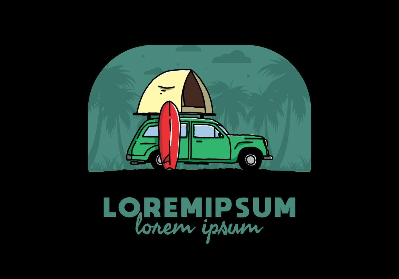 Illustration of car with a roof tent and a surfboard on the side vector