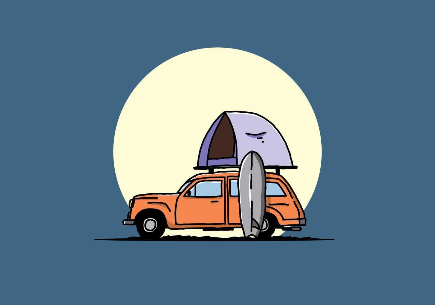 Illustration of car with a roof tent and a surfboard on the side vector