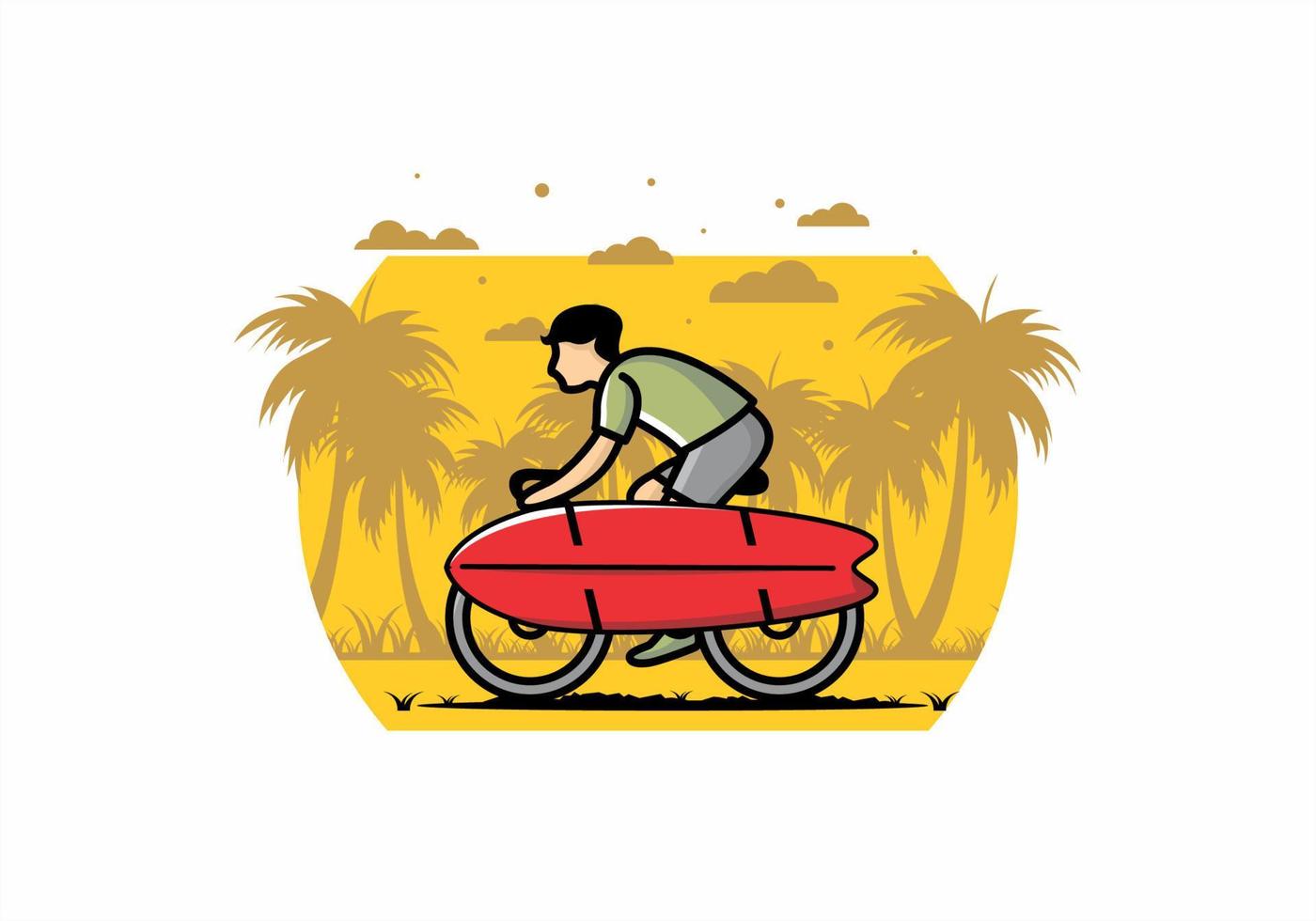 andar en bicicleta con una ilustración de tabla de surf vector