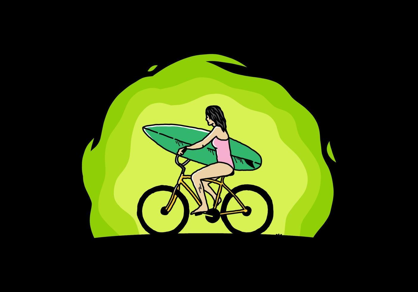 ilustración de una mujer que va a surfear en bicicleta vector