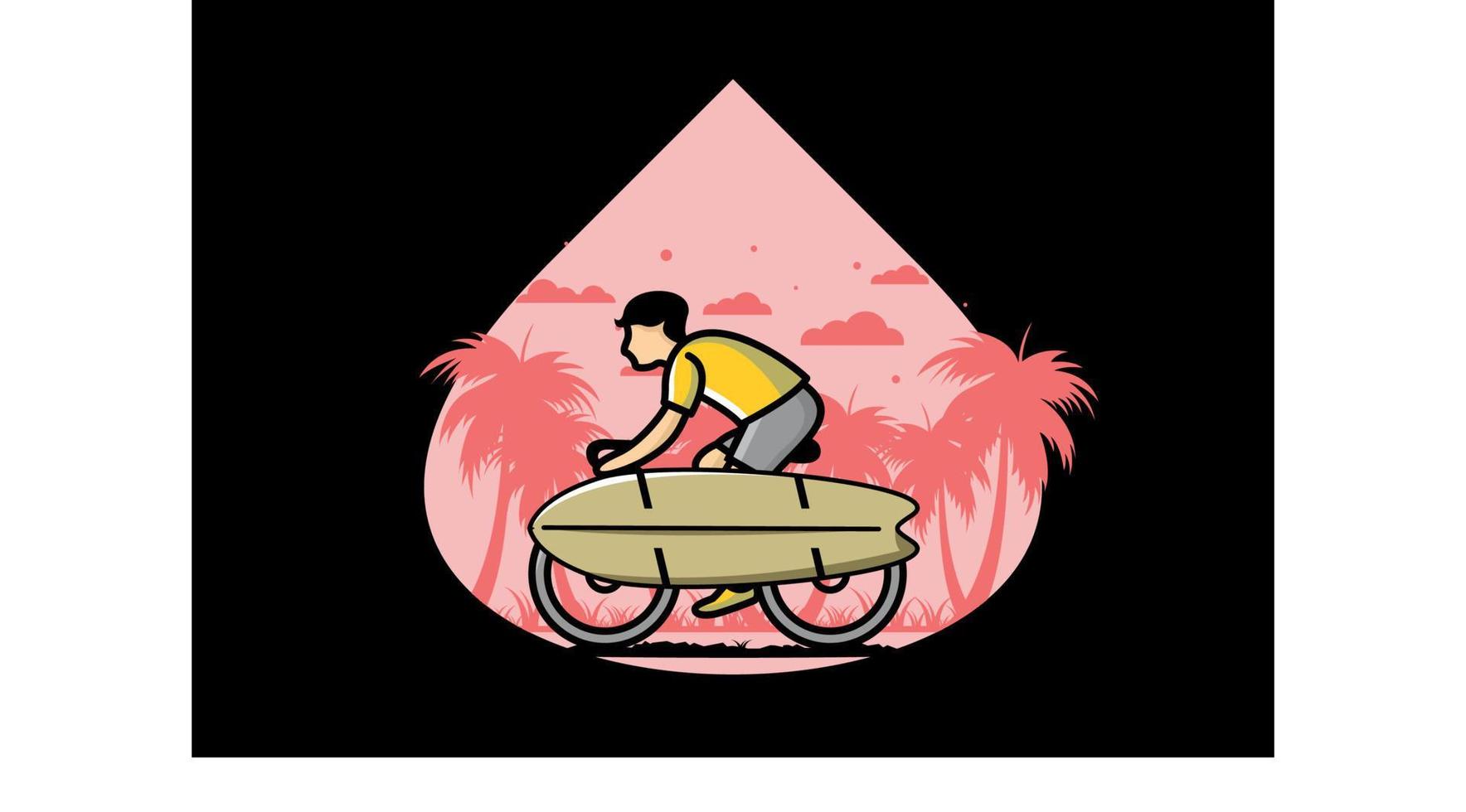 andar en bicicleta con una ilustración de tabla de surf vector