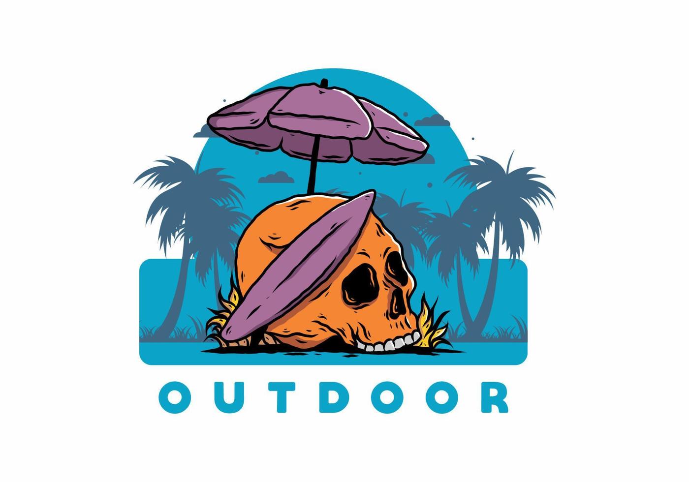 illustration of skull with surfing board under beach umbrella vector