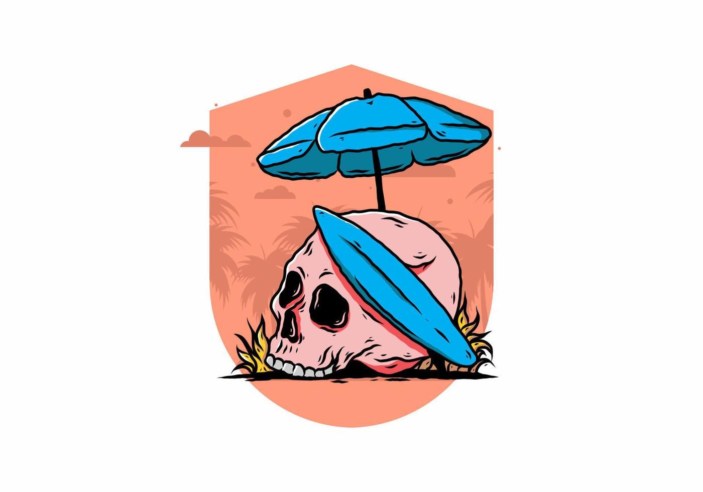illustration of skull with surfing board under beach umbrella vector