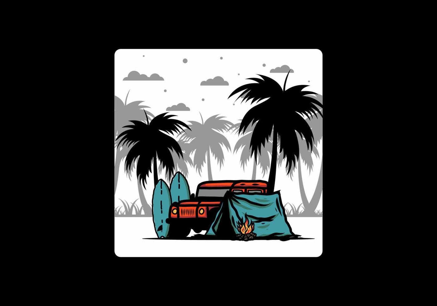 Camping on the beach with off road car vector