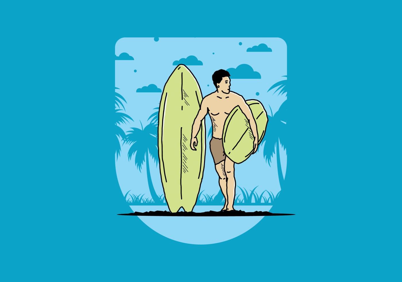 The shirtless man holding surfboard illustration vector