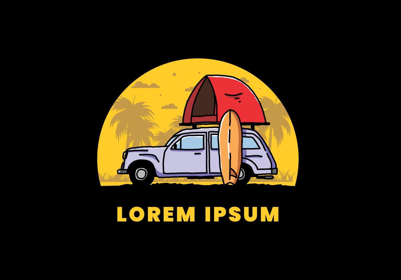Illustration of car with a roof tent and a surfboard on the side vector