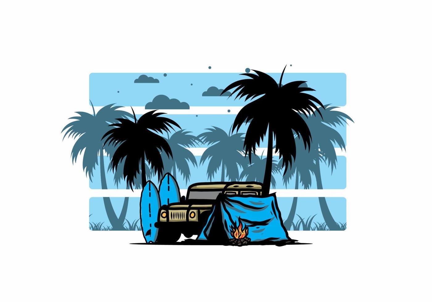 Camping on the beach with off road car vector