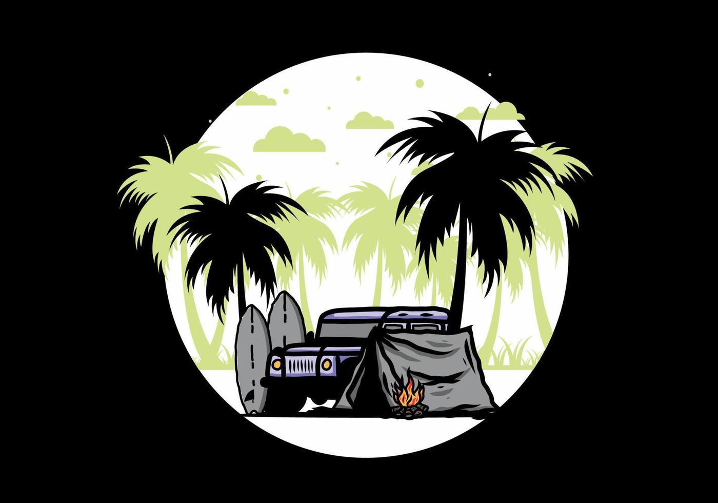 Camping on the beach with off road car vector