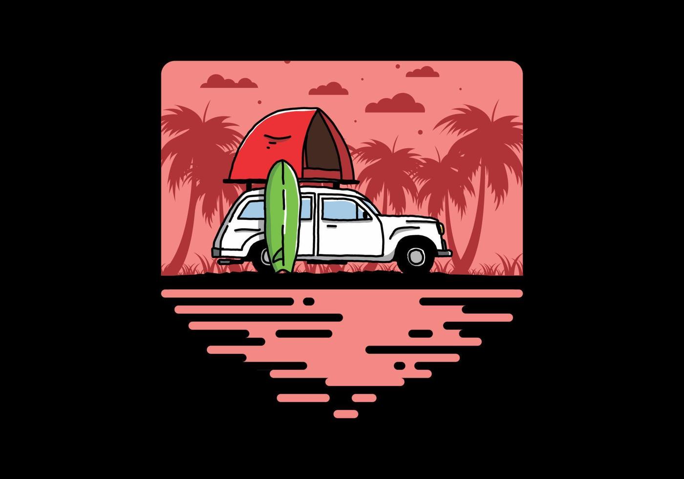 ilustración de un coche con una carpa en el techo y una tabla de surf al costado vector