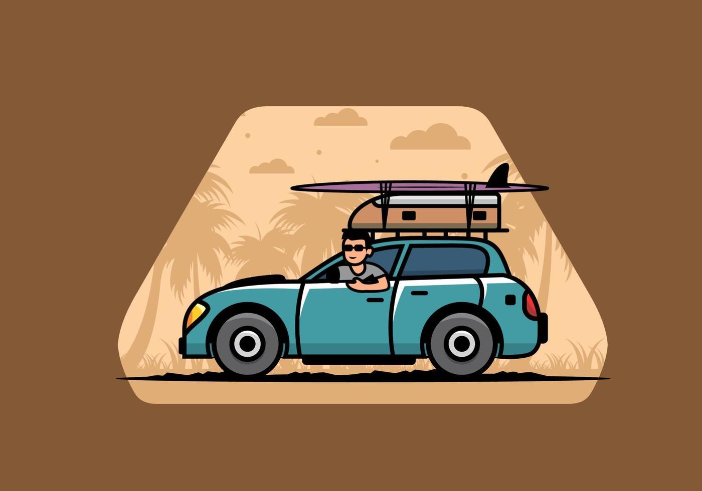 ilustración de un hombre montando un coche de vacaciones vector