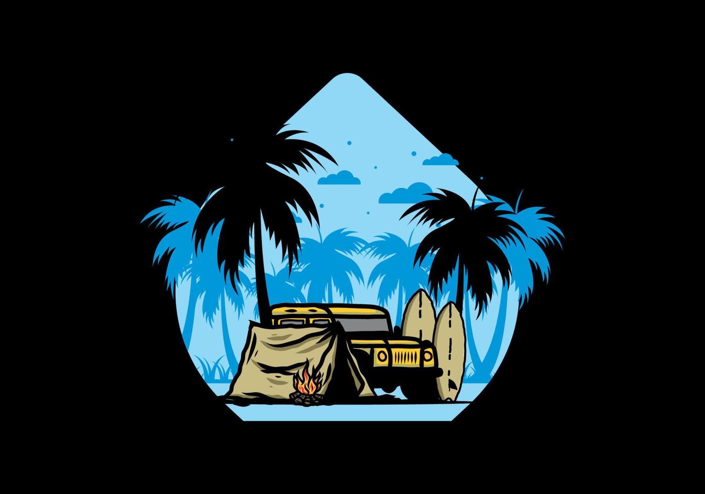 Camping on the beach with off road car vector