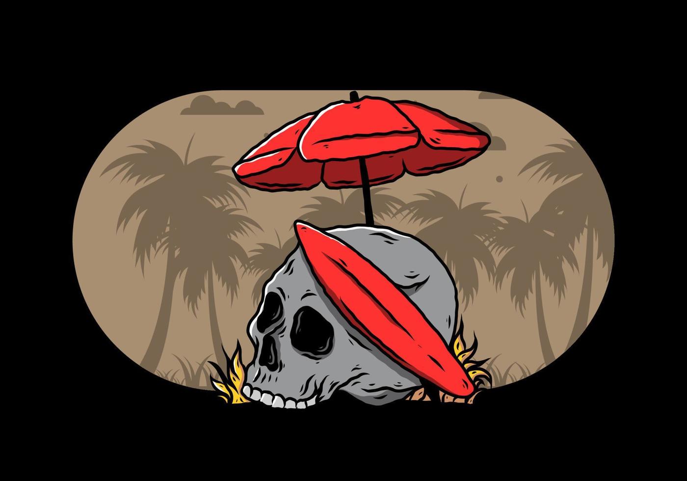 illustration of skull with surfing board under beach umbrella vector