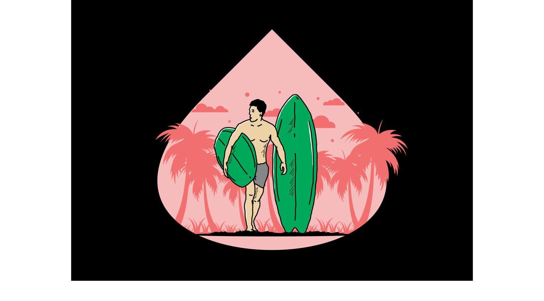 el hombre sin camisa que sostiene la ilustración de la tabla de surf vector