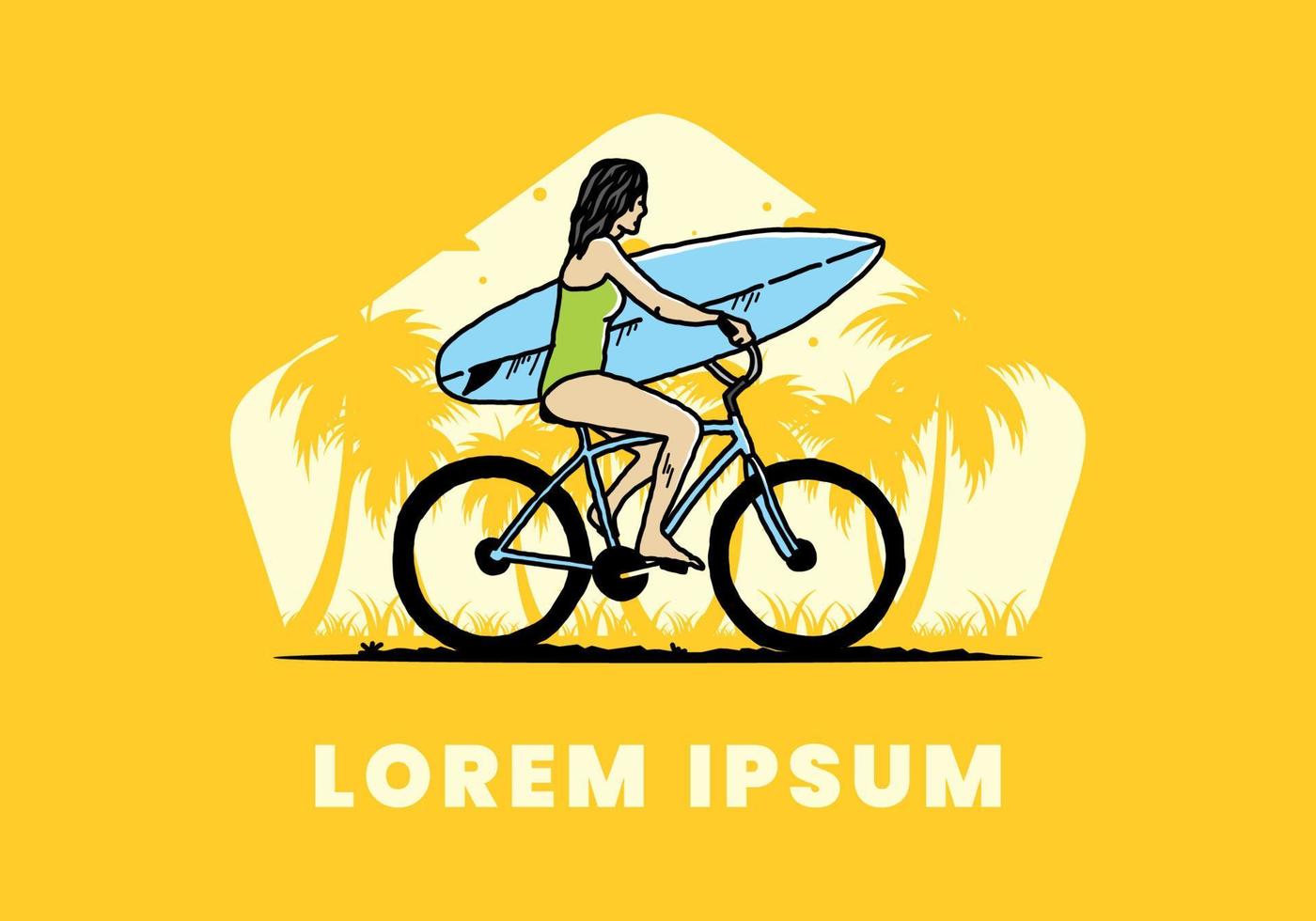 illustration of a woman going surfing on a bicycle vector
