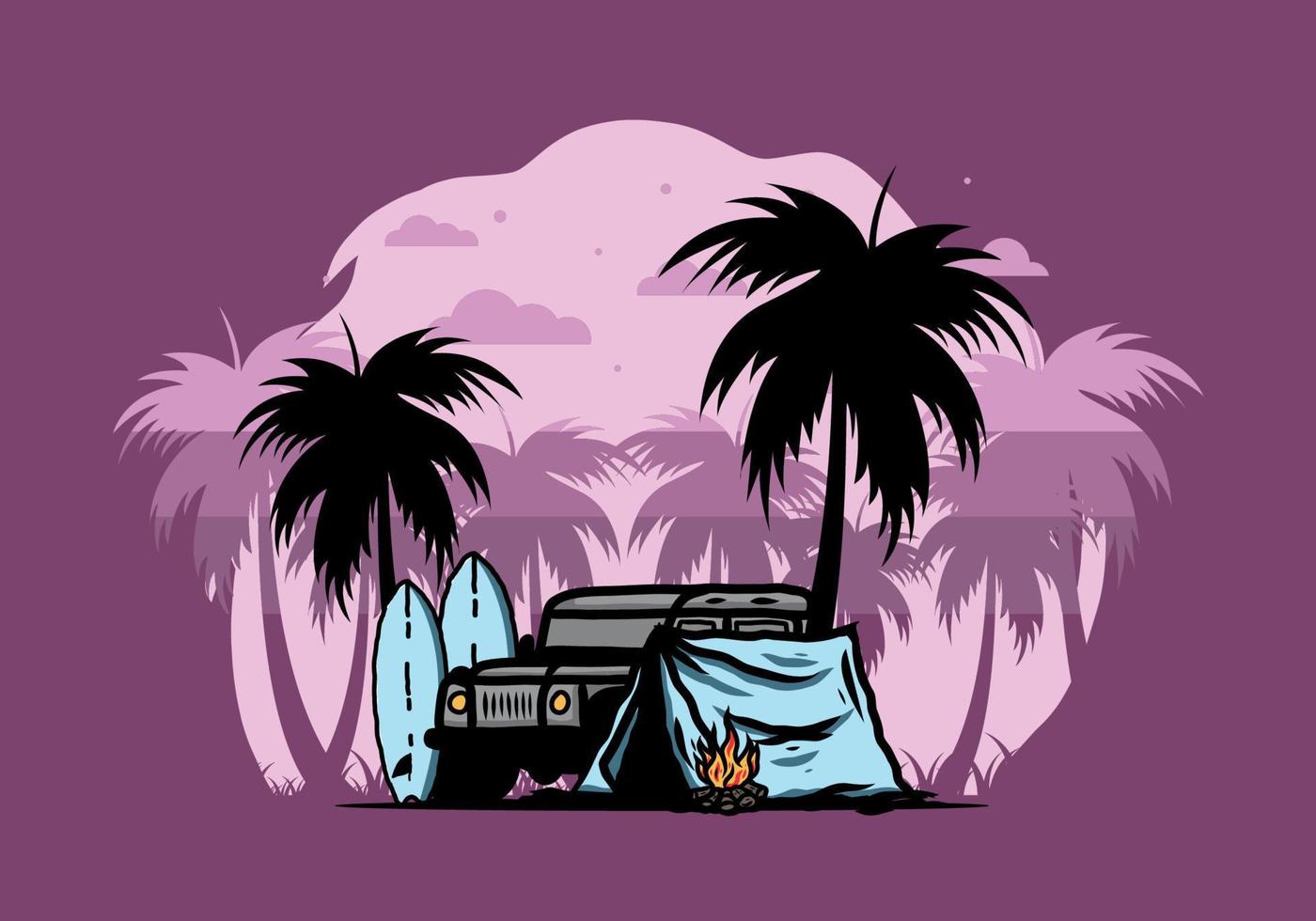 Camping on the beach with off road car vector
