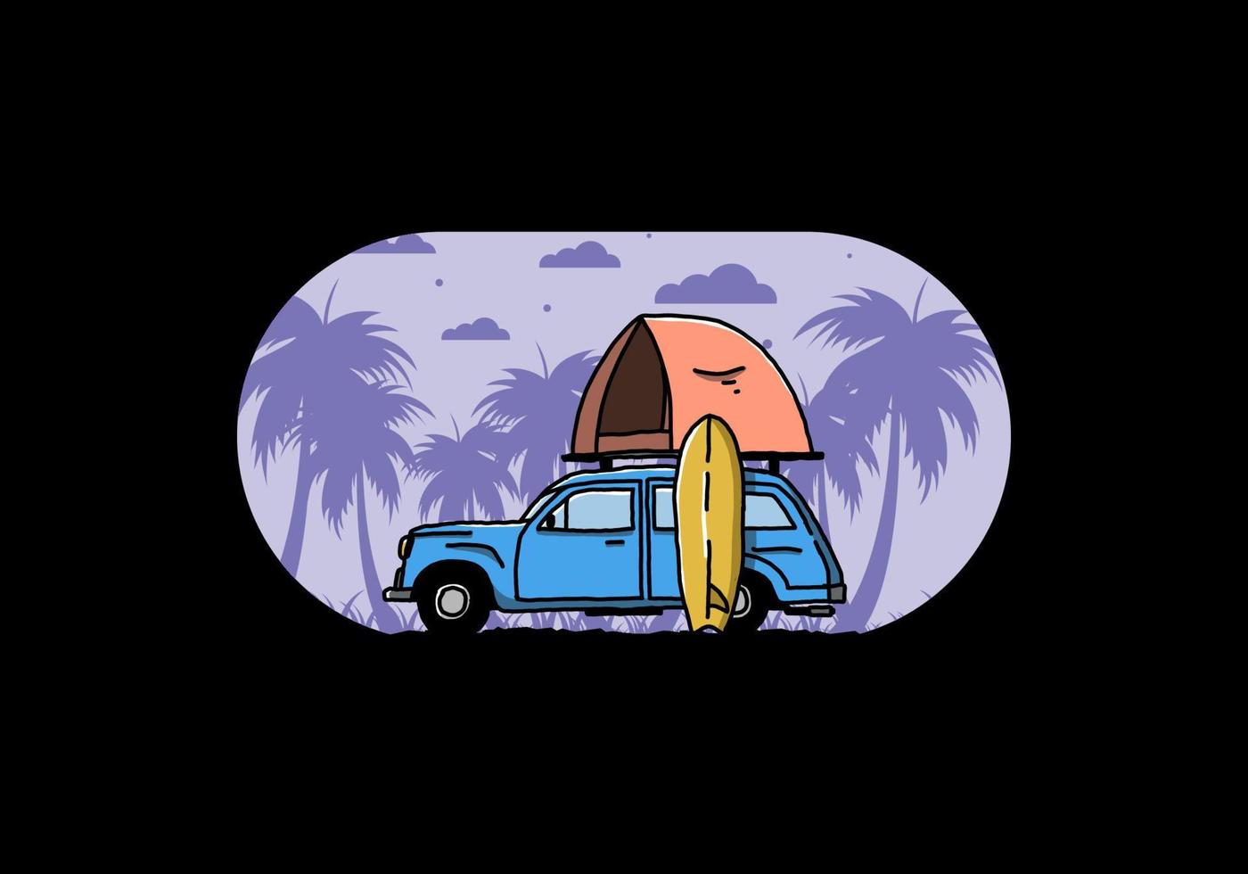 ilustración de un coche con una carpa en el techo y una tabla de surf al costado vector