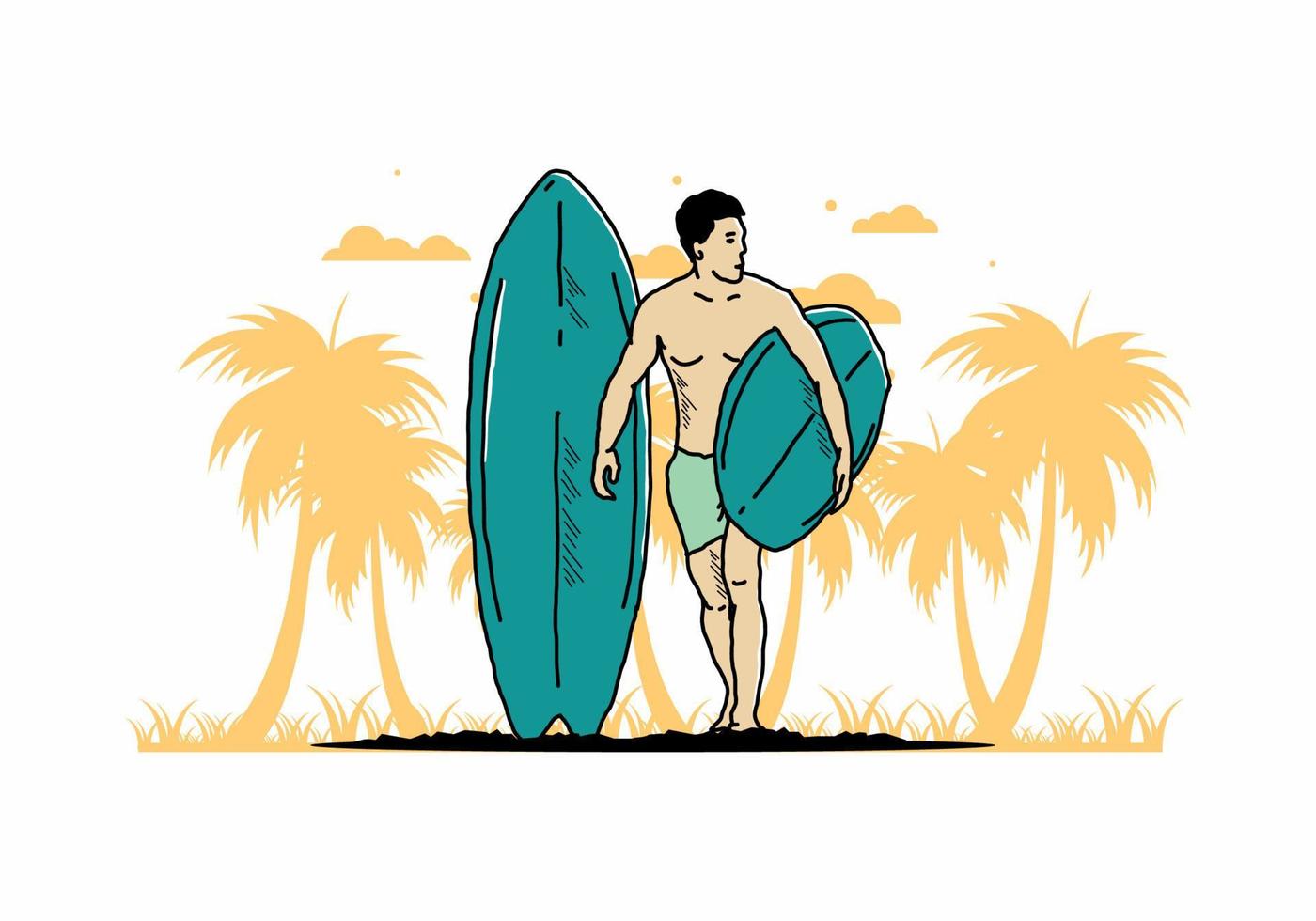 el hombre sin camisa que sostiene la ilustración de la tabla de surf vector