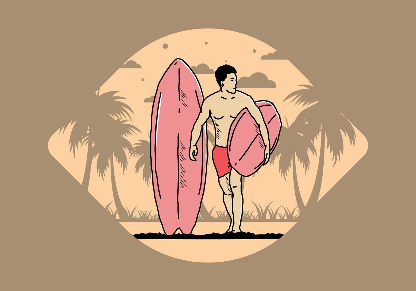 el hombre sin camisa que sostiene la ilustración de la tabla de surf vector