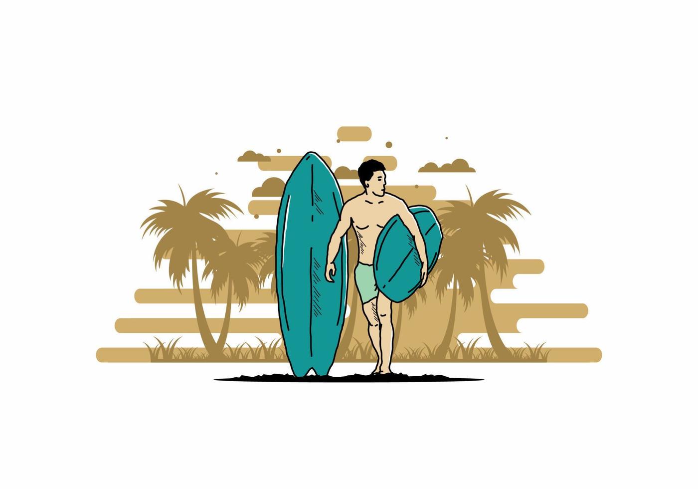 el hombre sin camisa que sostiene la ilustración de la tabla de surf vector