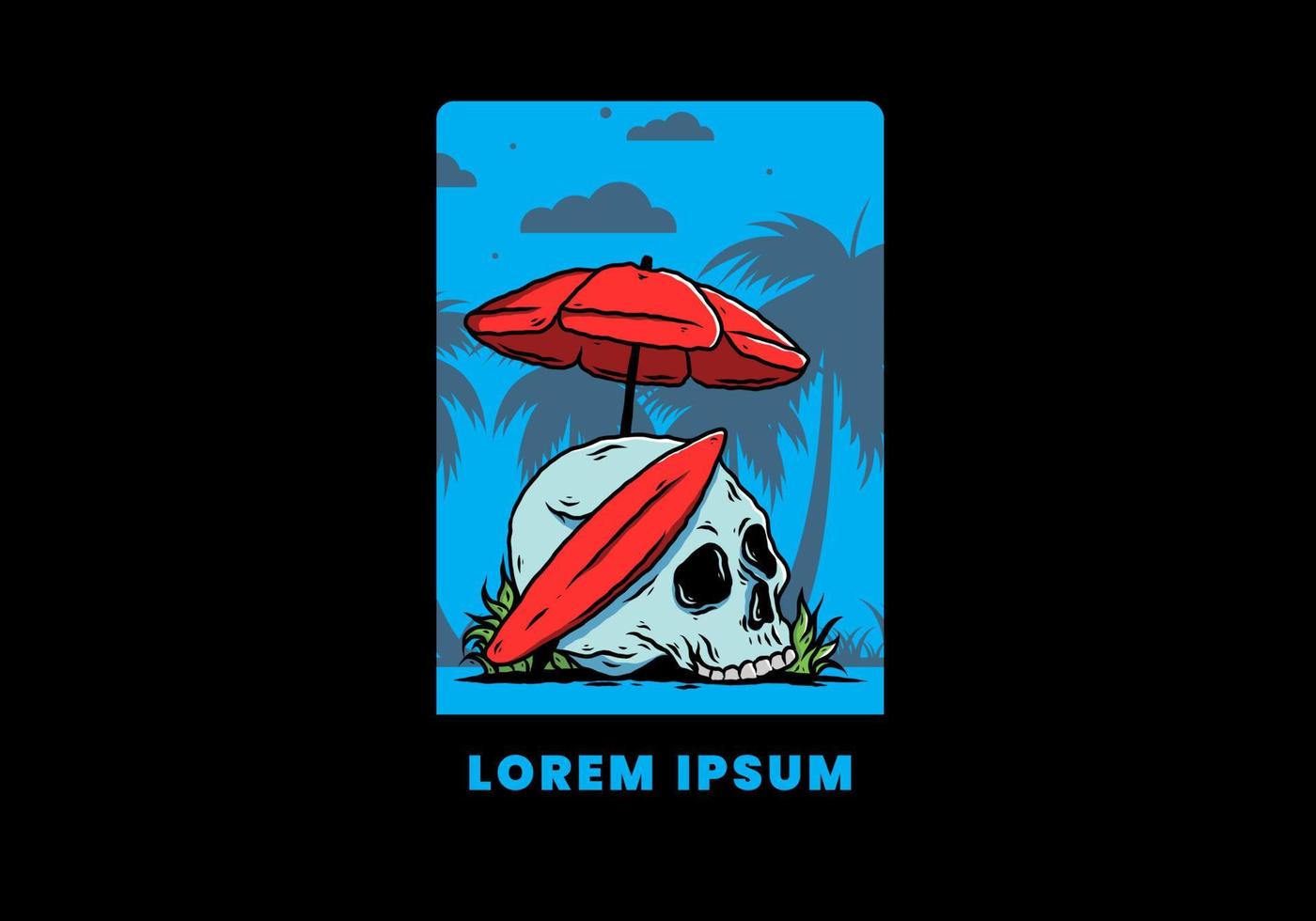 illustration of skull with surfing board under beach umbrella vector