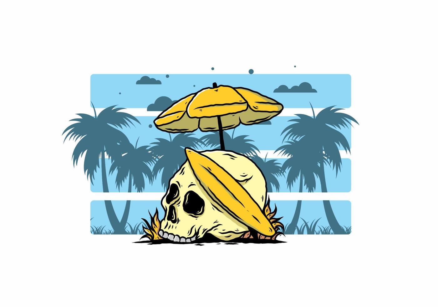 illustration of skull with surfing board under beach umbrella vector