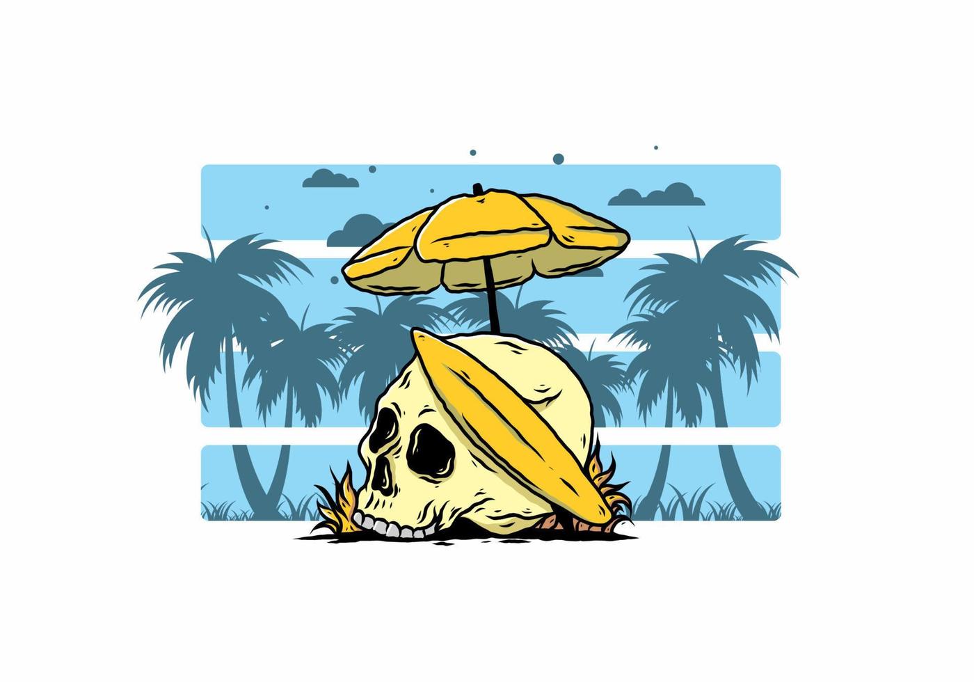 ilustración de calavera con tabla de surf bajo sombrilla de playa vector