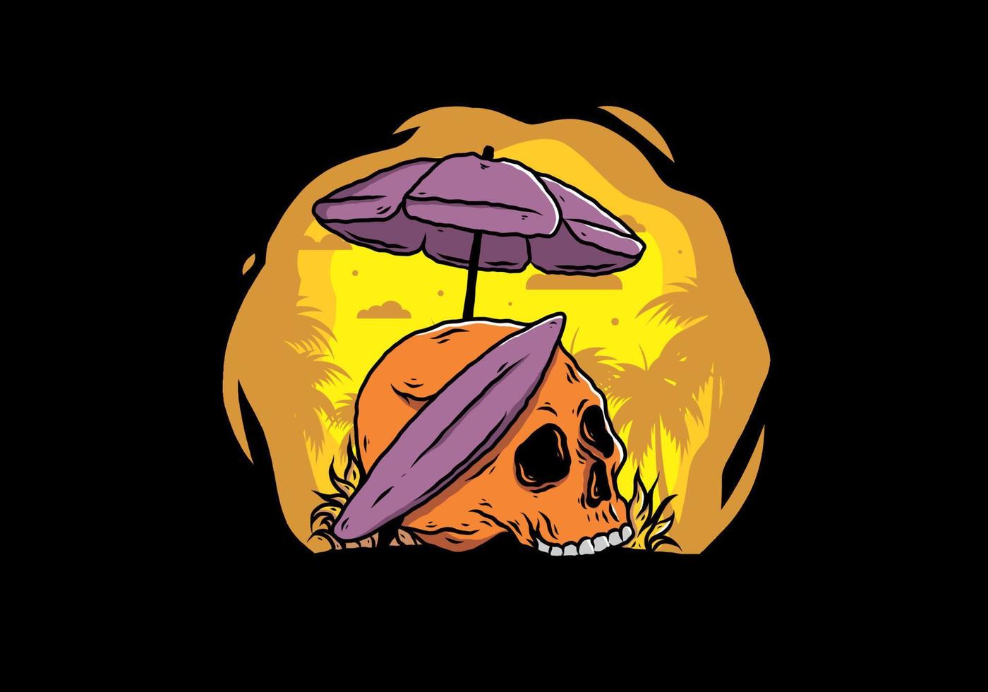 illustration of skull with surfing board under beach umbrella vector