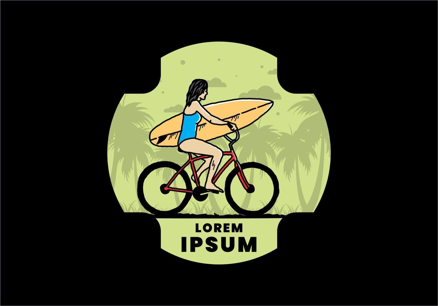 illustration of a woman going surfing on a bicycle vector