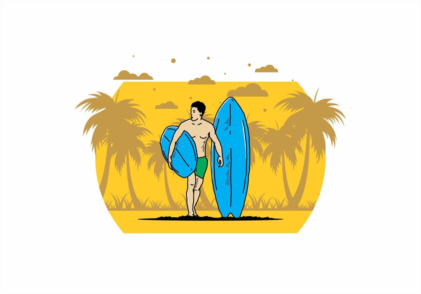 el hombre sin camisa que sostiene la ilustración de la tabla de surf vector