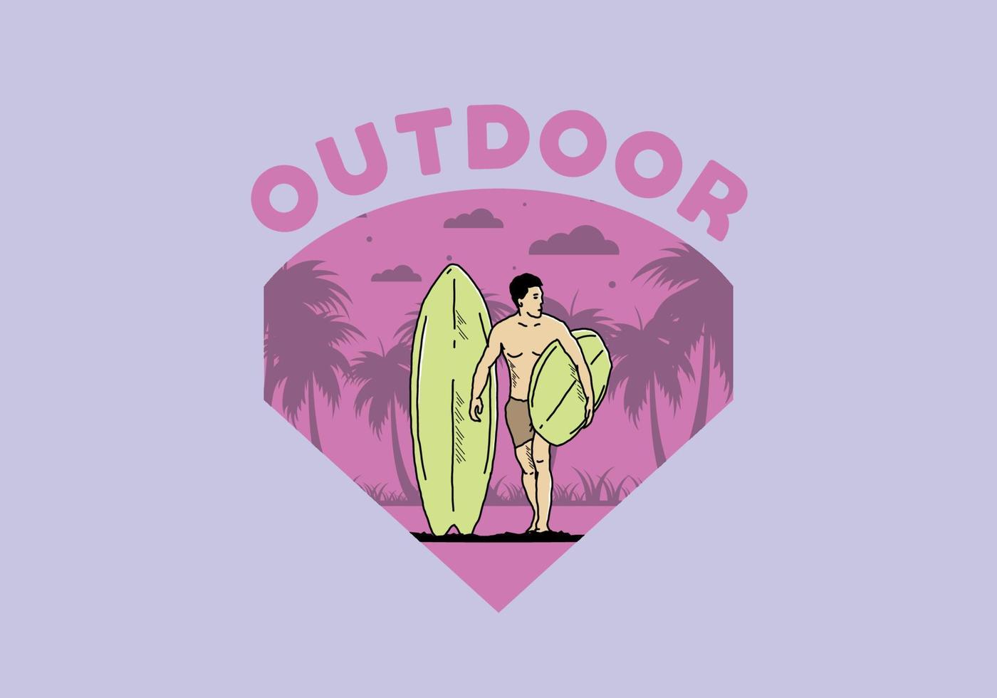 el hombre sin camisa que sostiene la ilustración de la tabla de surf vector