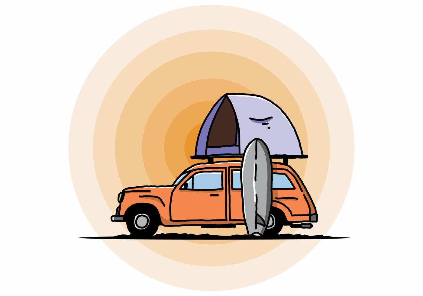 ilustración de un coche con una carpa en el techo y una tabla de surf al costado vector