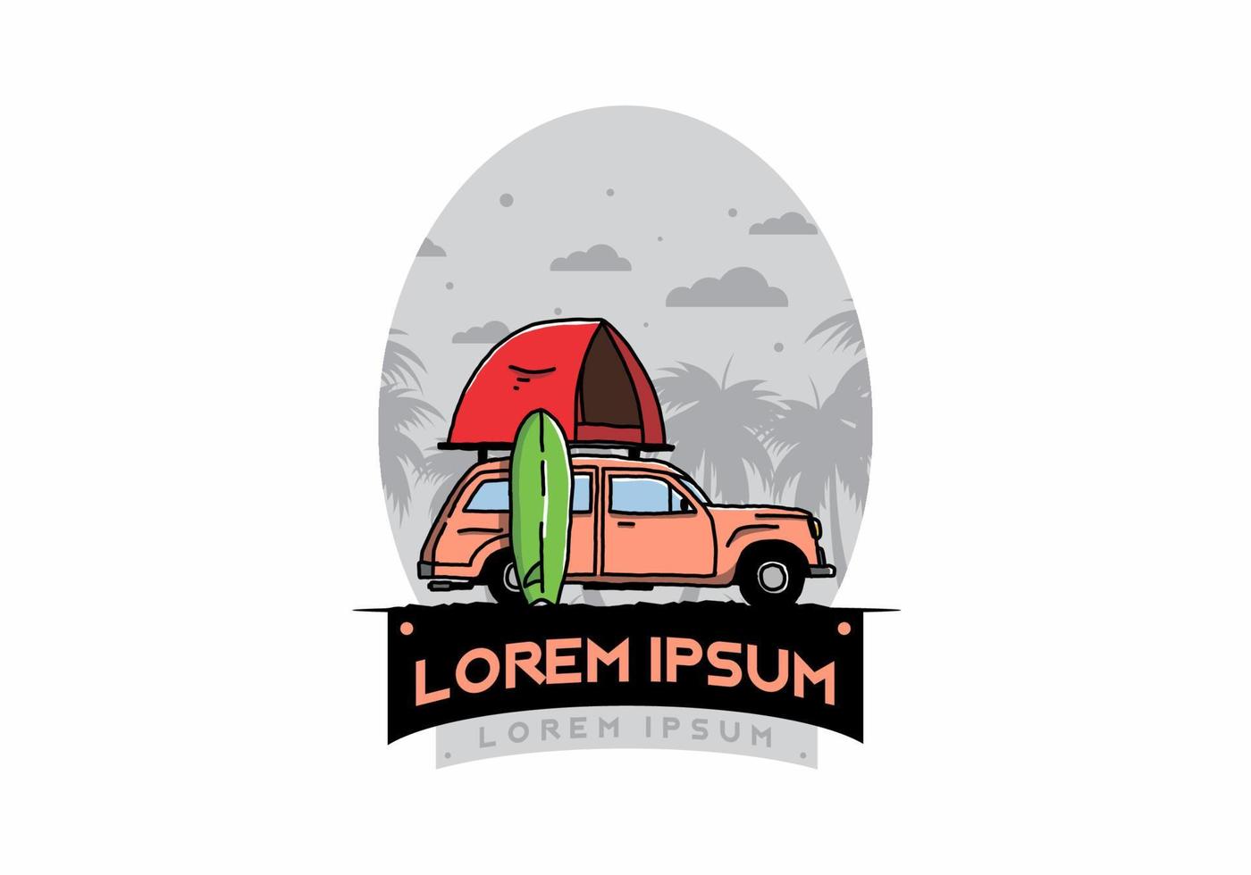 Illustration of car with a roof tent and a surfboard on the side vector