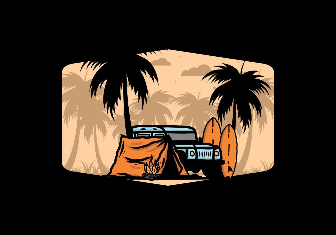 Camping on the beach with off road car vector
