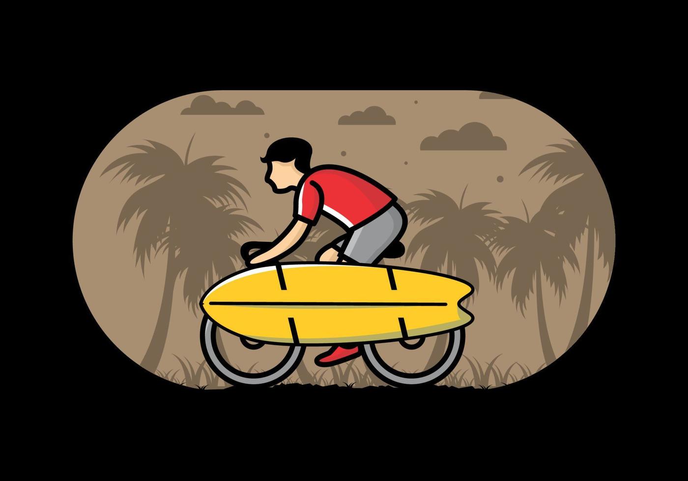 andar en bicicleta con una ilustración de tabla de surf vector