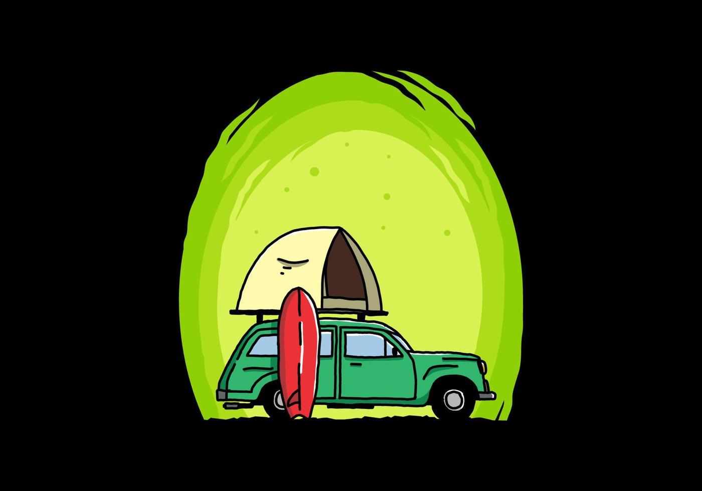 ilustración de un coche con una carpa en el techo y una tabla de surf al costado vector