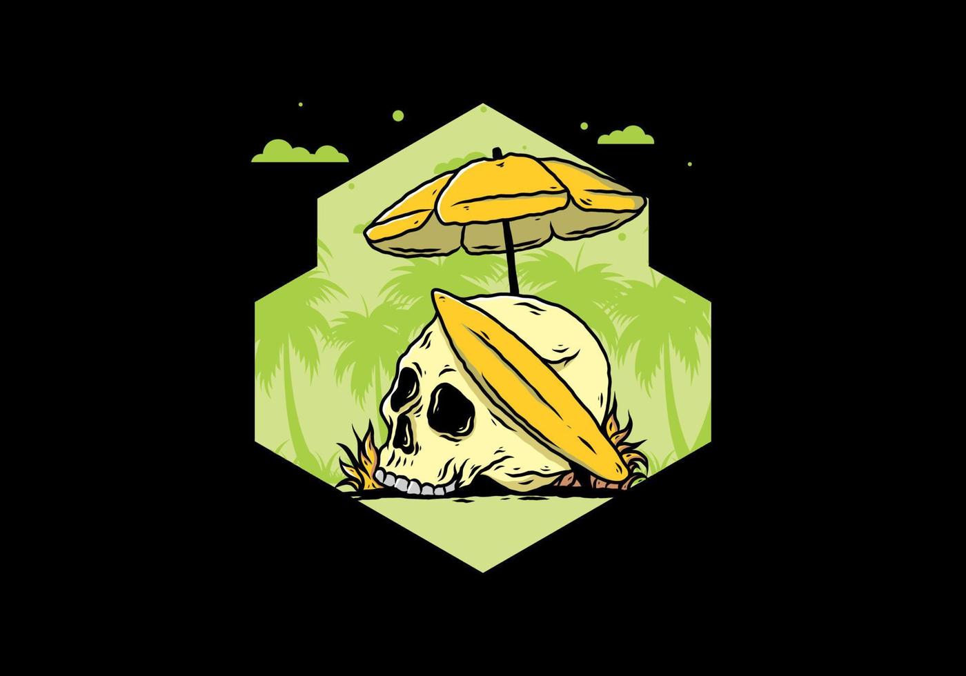 illustration of skull with surfing board under beach umbrella vector