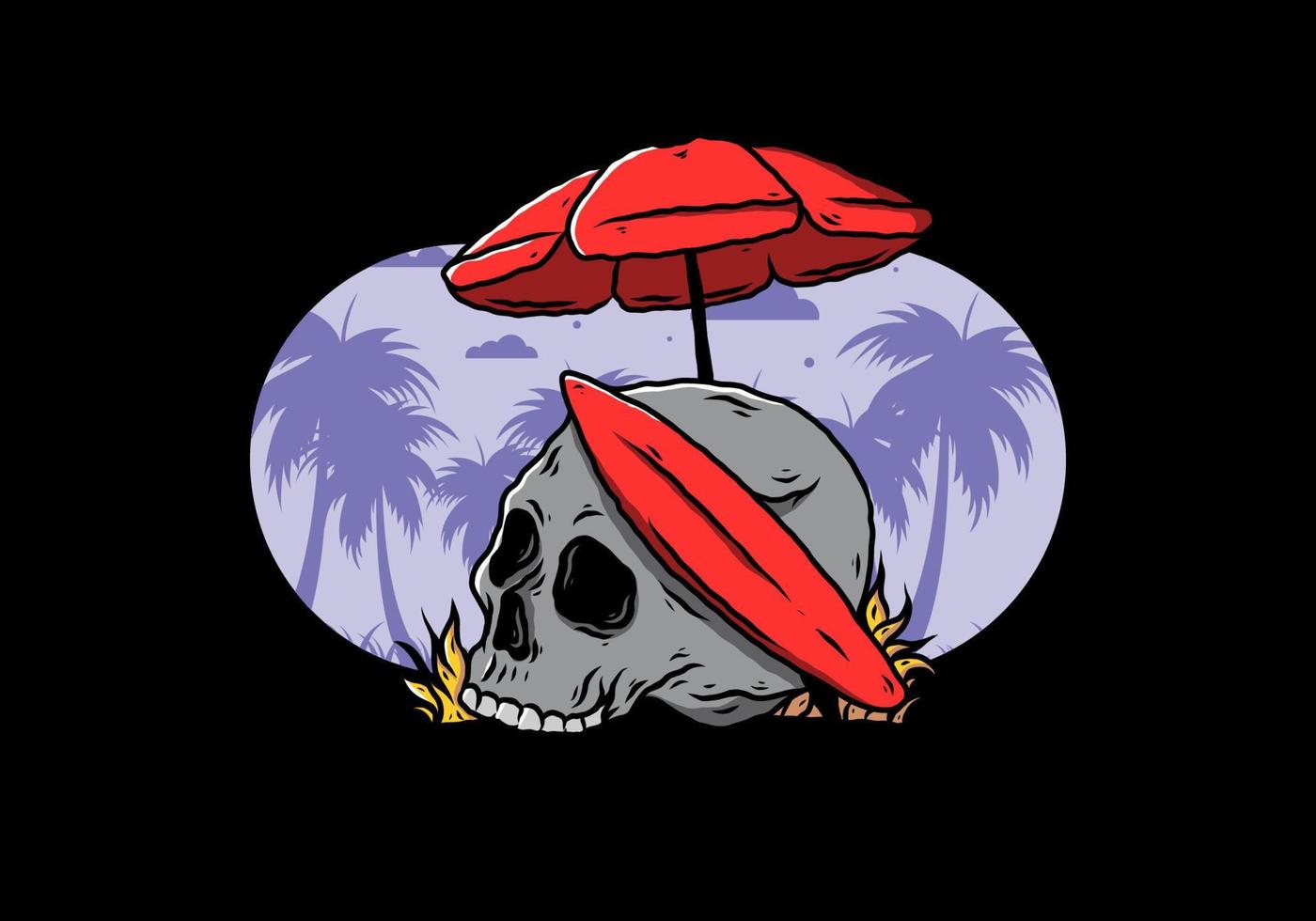 illustration of skull with surfing board under beach umbrella vector