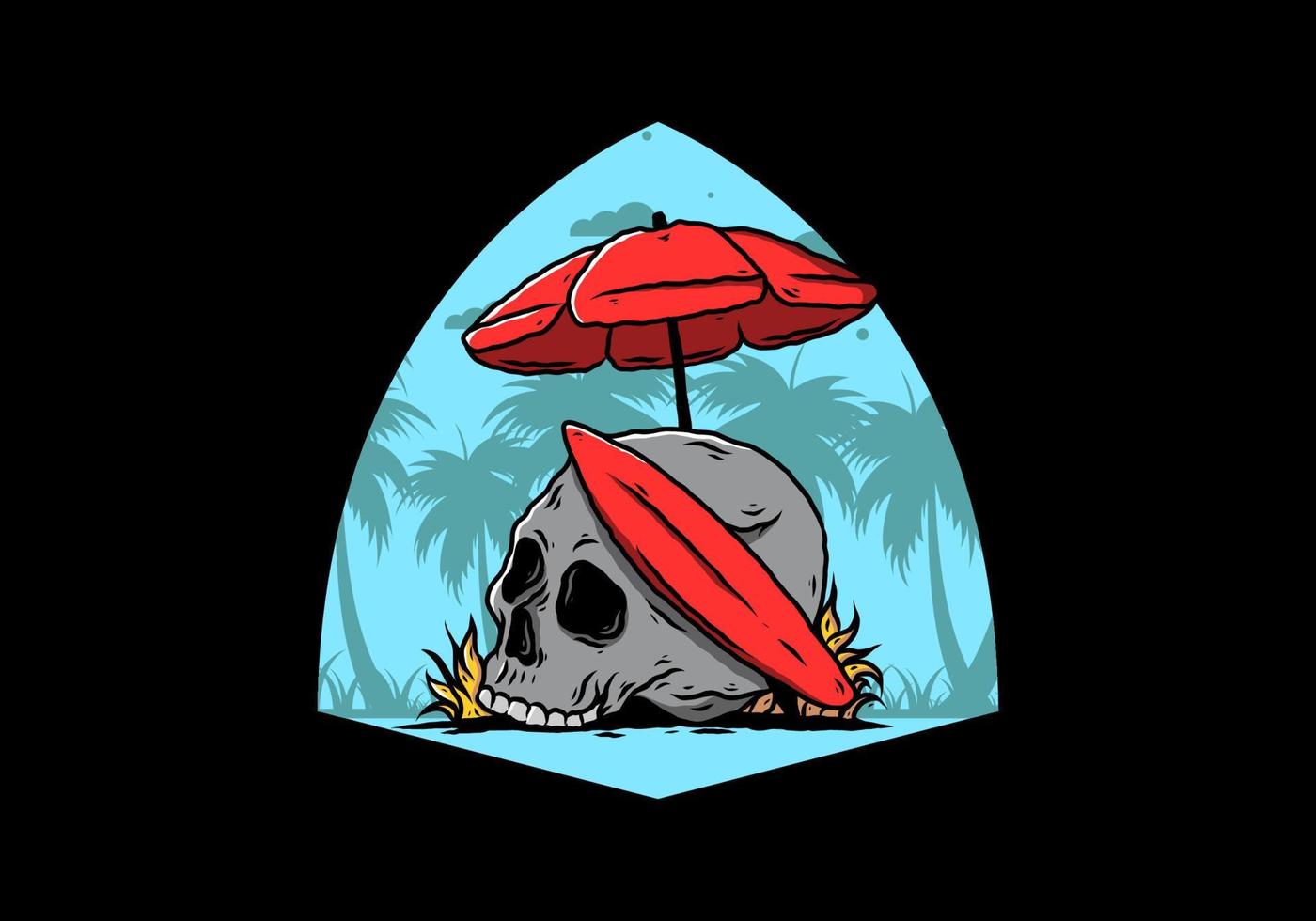 ilustración de calavera con tabla de surf bajo sombrilla de playa vector