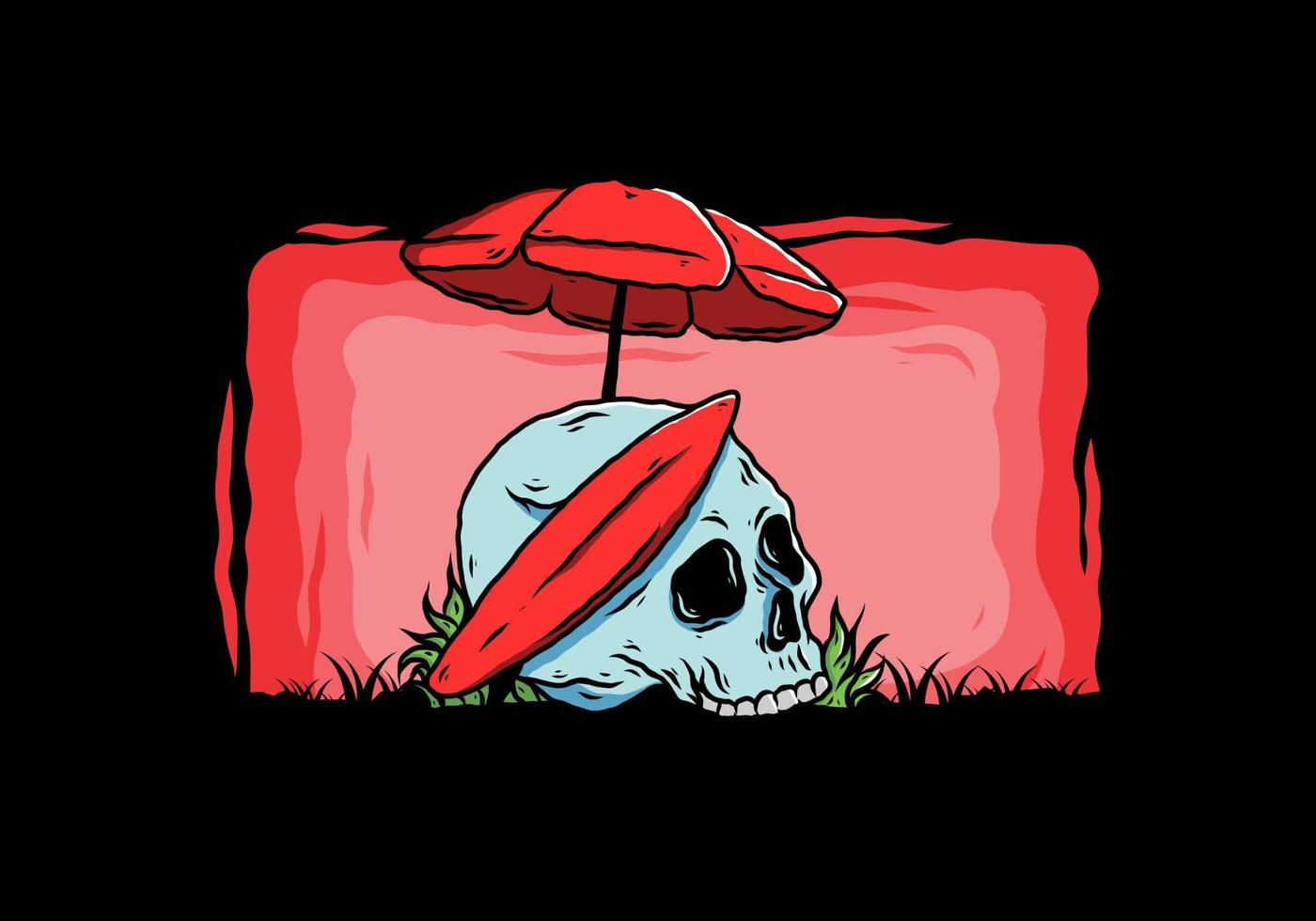 illustration of skull with surfing board under beach umbrella vector