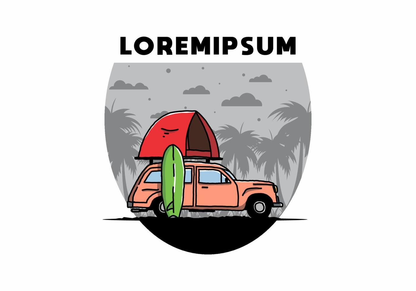 Illustration of car with a roof tent and a surfboard on the side vector