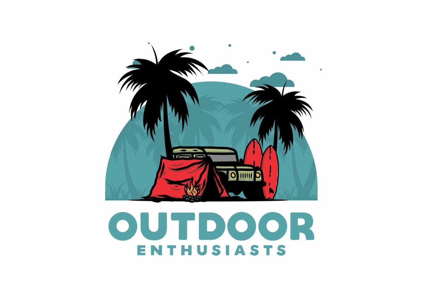 Camping on the beach with off road car vector