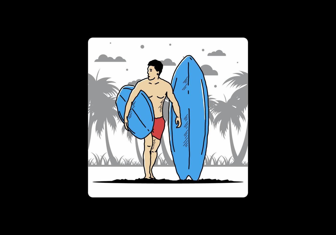 el hombre sin camisa que sostiene la ilustración de la tabla de surf vector