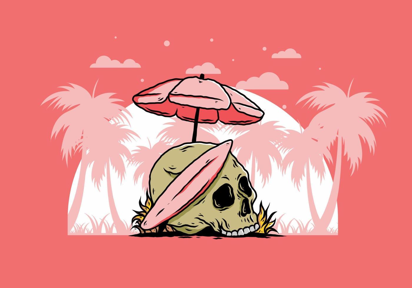 ilustración de calavera con tabla de surf bajo sombrilla de playa vector