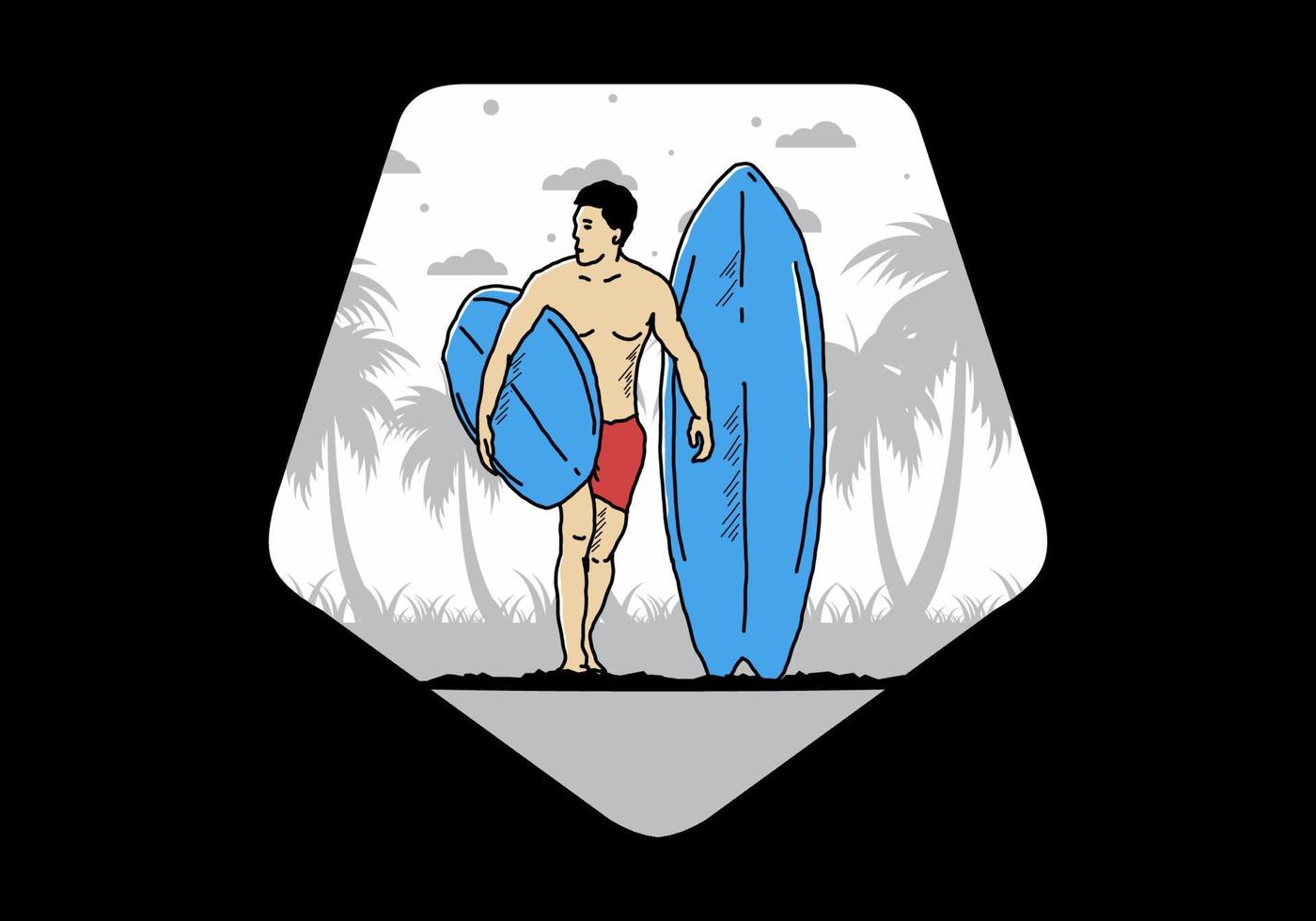 el hombre sin camisa que sostiene la ilustración de la tabla de surf vector