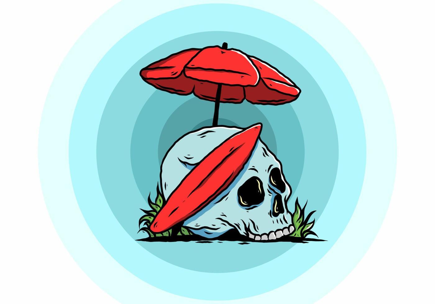 ilustración de calavera con tabla de surf bajo sombrilla de playa vector