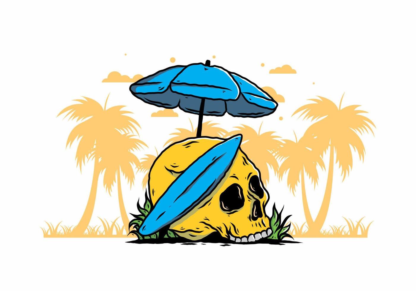 ilustración de calavera con tabla de surf bajo sombrilla de playa vector